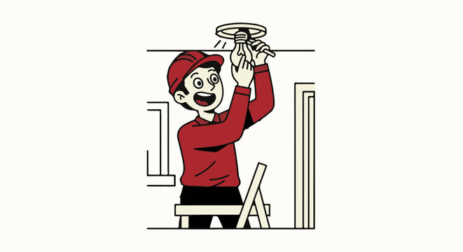 Cheerful cartoon man changing ceiling light bulb on ladder.