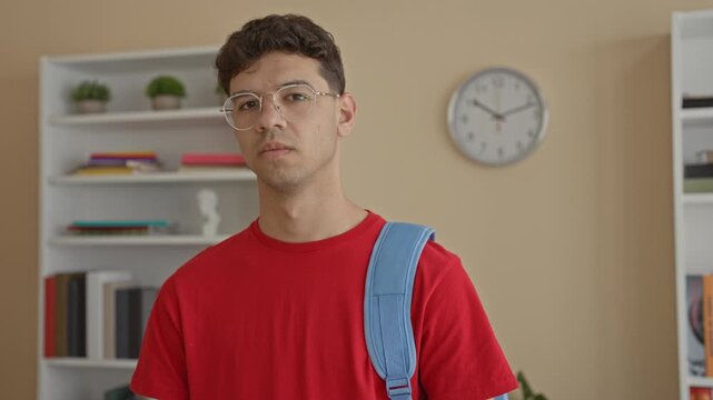 Man wearing a blue backpack stands looking at camera in building study room with clock and bookshelves visible; pensive study focus.