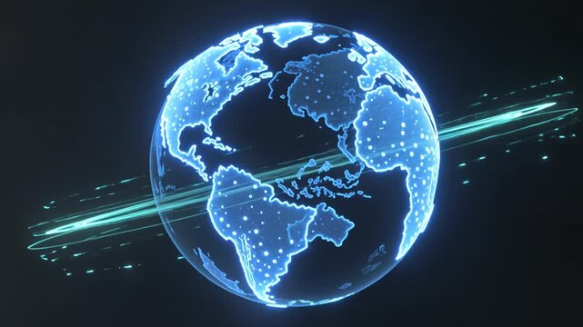Global, network and digital earth for business marketing, communication and social media data. Planet, world and internet with hologram, cyber, futuristic science and outer space connections loop