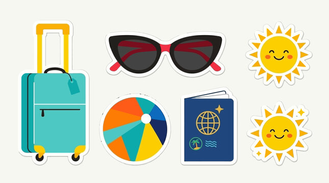 Summer vacation sticker pack featuring suitcase, sunglasses, beach ball, passport, and smiling sun icons for travel design.