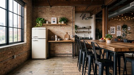 Fototapeta premium Industrial Loft Style Creative Office Breakroom Featuring Trendy Vintage Refrigerator And Cozy Modern Design Elements