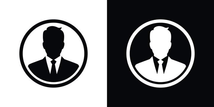 Elegant businessman profile icon enclosed inside a circle frame. Clean black and white vector symbol for corporate executive member, professional account, default user avatar, and identity.