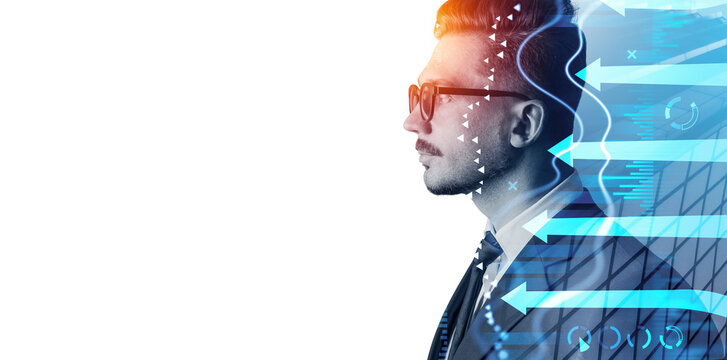 Side view of a business professional with blue digital interface elements in abstract graphic style on a bright background, concept of innovation and progress