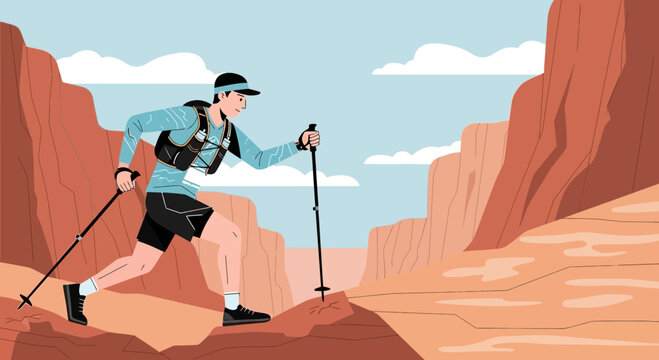 Trail Runner Ascending Rocky Canyon with Trekking Poles