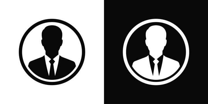 Elegant businessman profile icon enclosed inside a circle frame. Clean black and white vector symbol for corporate executive member, professional account, default user avatar, and identity.