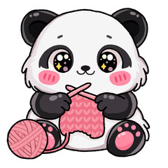 Obraz premium Cute Kawaii Panda Bear Knitting Pink Yarn with Crochet Hook Cartoon Character on transparent background 