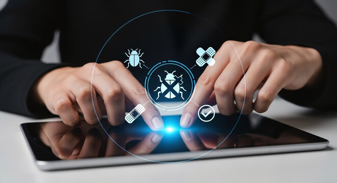 Professional Developer Debugging Software on Tablet with Bug and Patch Icons Representing Cybersecurity Maintenance and System Security Updates