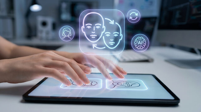 Person using AI software on a tablet for face swapping and deepfake creation with futuristic holographic interface in a modern tech office setting.