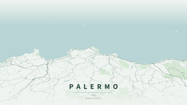 Modern minimalist vector map of Palermo, Sicily, Italy. High-quality scalable illustration of Palermo city grid, Cassaro axis, Monte Pellegrino contours for poster and design.