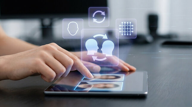 Person Using Tablet for AI Face Swap Technology and Deepfake Creation, Hand Touching Screen with Holographic Interface for Identity Manipulation