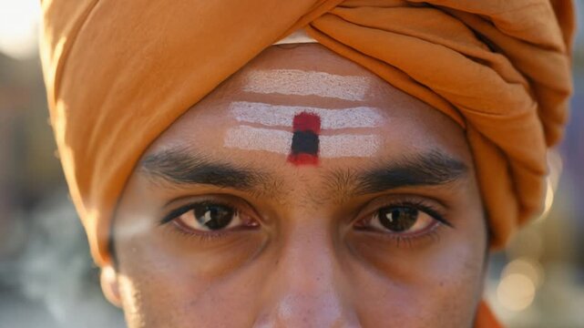 Hindu Tilak, forehead and saffron turban with spiritual meditation for Indian religious tradition. Sacred ceremony, mark and holy man with ritual devotion, ash, faith, heritage and daily prayer.