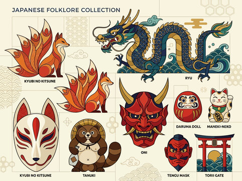 Japanese Folklore Mythology Collection, Vector Set Featuring Ryu Dragon, Kitsune Nine-Tailed Fox, Oni Mask, Tanuki, Daruma Doll, and Traditional Cultural Icons