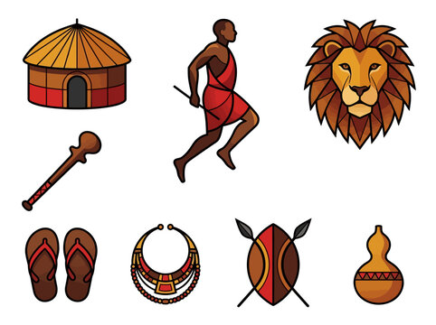 Maasai Culture Vector Icon Set featuring African Warrior, Lion, Shield, and Traditional Symbols