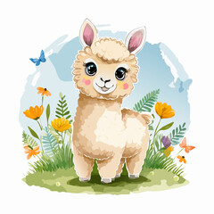 Naklejka premium Aquarell-Alpakababy im Frühling