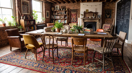 Fototapeta premium Eclectic Discussion Space With Mismatched Vintage Chairs And A Large Colorful Rug For Meetings Interiors