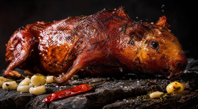 Traditional Roasted Guinea Pig Cuy Dish from Ecuador with Corn