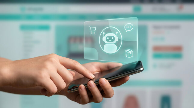 User interacting with an AI chatbot on a smartphone for seamless online shopping and customer support in a digital retail environment.