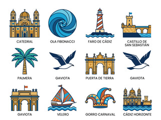 Cádiz Spain Travel Icons Set: Famous Landmarks, Maritime Symbols, and Local Cultural Elements Vector Illustration © DC