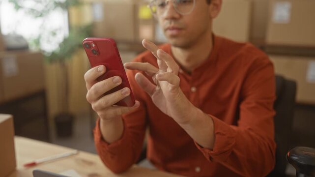 Man holding red smartphone and tapping screen with bare fingers amid cardboard boxes on a desk in a building, wearing glasses and orange shirt; small business focus.