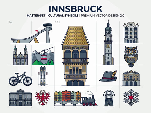 Innsbruck Austria Landmark Icons and Tyrolean Cultural Symbols Vector Set