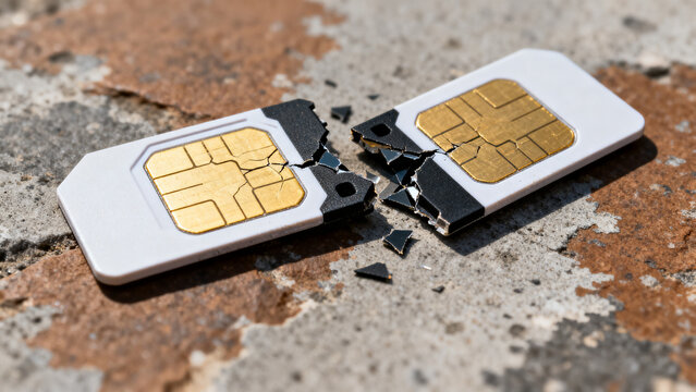 Two broken sim cards on a cracked surface
