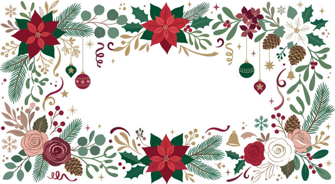 Christmas Poinsettia and Rose Garland Border Frame with Festive Hanging Bauble Ornaments Pine Branches and Ribbons for Winter Holiday Invitation Cards