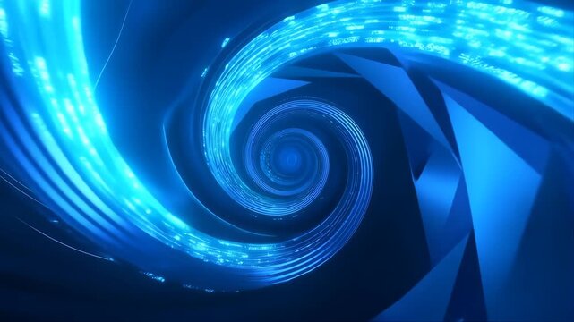 Cybersecurity Tunnel Made of Rotating Particles and Glowing Data Streams, Abstract Futuristic Network Visualization on Dark Blue Background