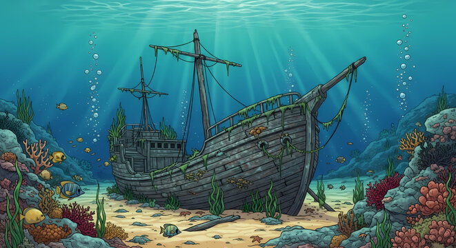 Detailed illustration of a sunken shipwreck on the ocean floor, surrounded by vibrant coral reefs, colorful fish, and filtering sunlight