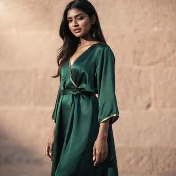 South Asian model in emerald green silk kaftan editorial portrait