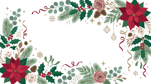 Elegant Christmas Poinsettia and Rose Floral Border Frame Featuring Winter Pine Branches Ribbons and Hanging Ornaments for Festive Holiday Greeting Cards