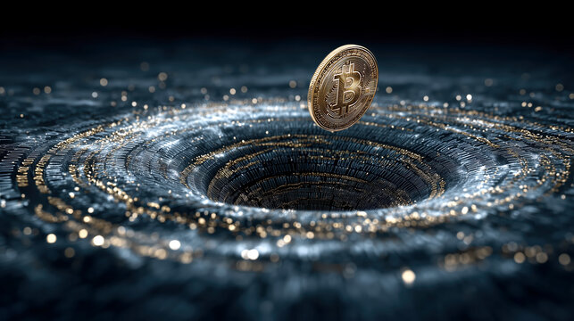 Single digital coin descends into swirling abyss of binary code, symbolizing financial loss and uncertainty in digital currency market