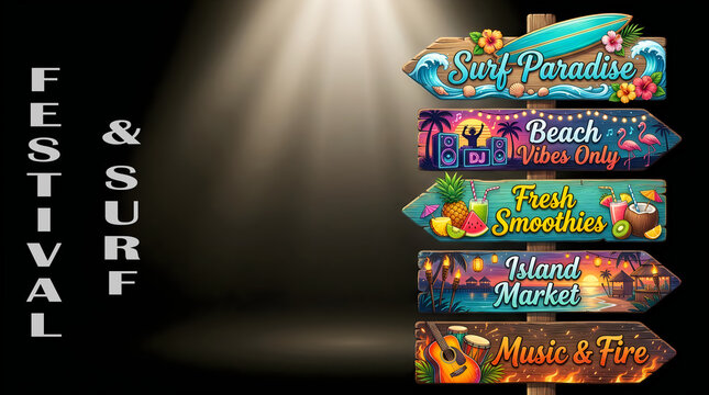 Vibrant beach festival and surf signpost travel illustration