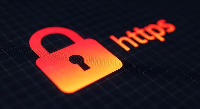Glowing Padlock and HTTPS Protocol on Computer Screen