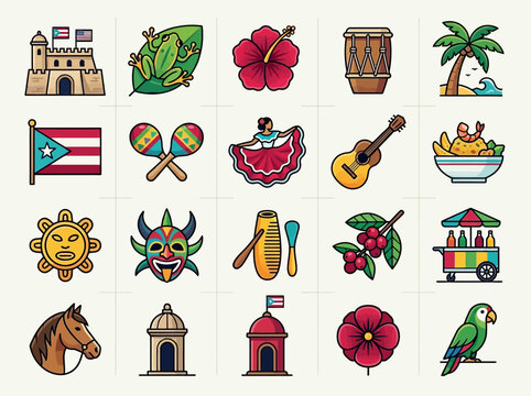 Puerto Rico Cultural Icons Set - Vector Illustration of Traditional Symbols, Landmarks, and Food including Coqui Frog, El Morro, Vejigante Mask, Flag, and Tropical Elements