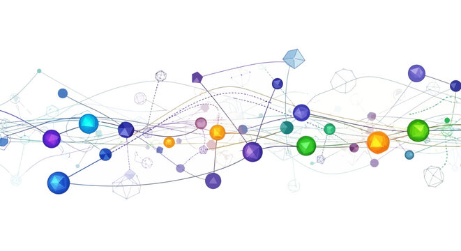 Vibrant network illustration depicts interconnected spheres and lines in a digital abstract scene.