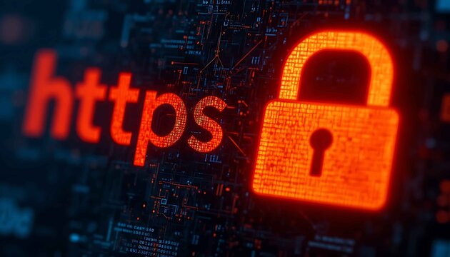 Glowing Padlock and HTTPS Protocol on Computer Screen