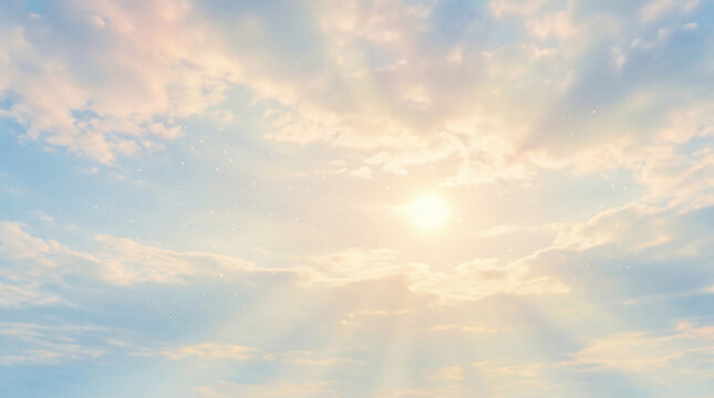 Bright sun shining amidst fluffy clouds with brilliant rays, illuminating a vast blue sky with celestial glow.
