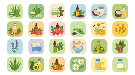 Fototapeta premium Herbal skincare product icons.