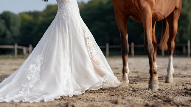 Tracking shot of bride in wedding dress walking beside horse in outdoor sandy paddock with wooden fence and trees in background