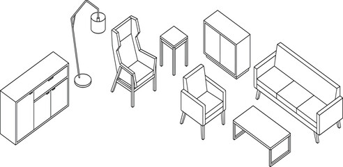 Fototapeta premium Isometric Living Room Furniture Line Art Icon Set with Sofa Armchair Coffee Table Floor Lamp and Cabinets for Interior Design Planning and Architecture Blueprint Graphics