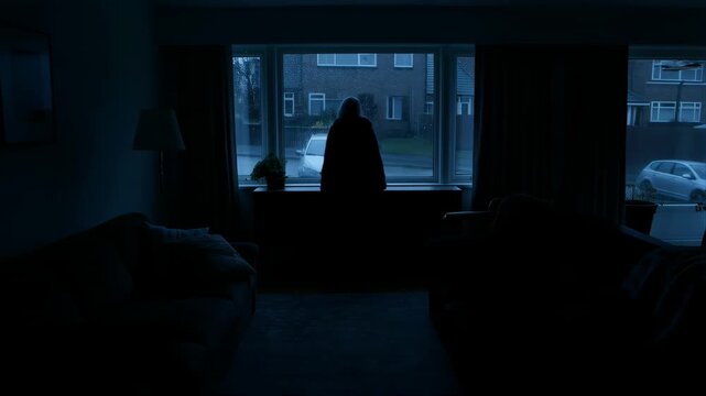 Person Standing by Window in a Dark Living Room at Night Featuring Silhouette, Urban, Reflection with City and House Elements for Interior, Domestic