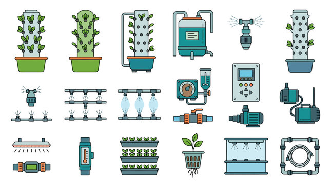 Hydroponic Farm Equipment Icons.