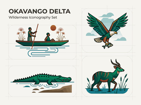 Okavango Delta African Safari Icon Set with Mokoro Canoe, Fish Eagle, Crocodile, and Antelope; Modern Flat Vector Illustration for Wilderness Branding