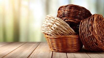 Fototapeta premium An artistic arrangement of woven baskets in different shades and shapes, elegantly placed on a wooden table that exudes warmth and organic charm.