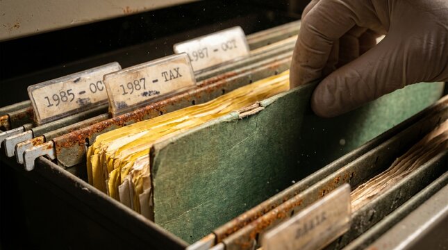 Investigator pulling green folder from old rusted archive cabinet