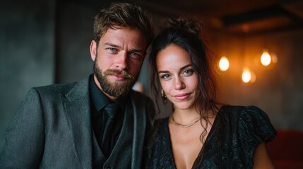 Fototapeta premium A sophisticated couple poses together in stylish evening attire, exuding elegance and confidence, perfectly capturing the essence of a glamorous night out.