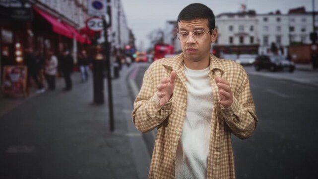 Young man with glasses rubbing and clasping hands on busy street in beige check shirt and white tee; nervous hesitation.