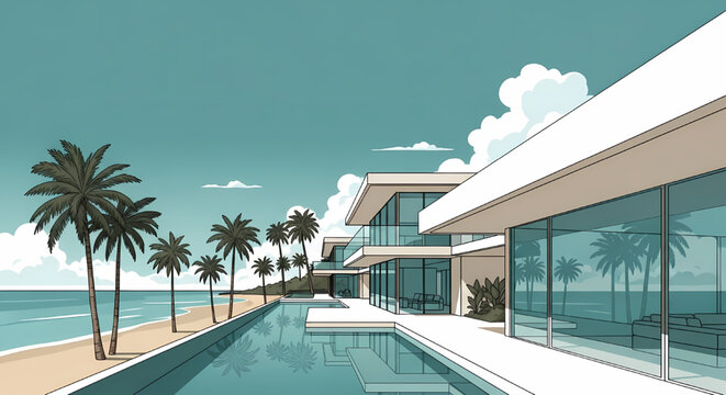 Modern luxury beach house villa with infinity pool and palm trees