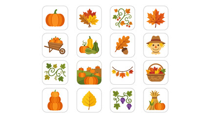 Fototapeta premium Fall icons with leaves and pumpkins.