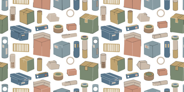 Seamless Pattern Illustration Featuring Shipping Cardboard Boxes Delivery Parcels Logistics Supply Chain Cargo Packaging and Warehouse Distribution Concepts